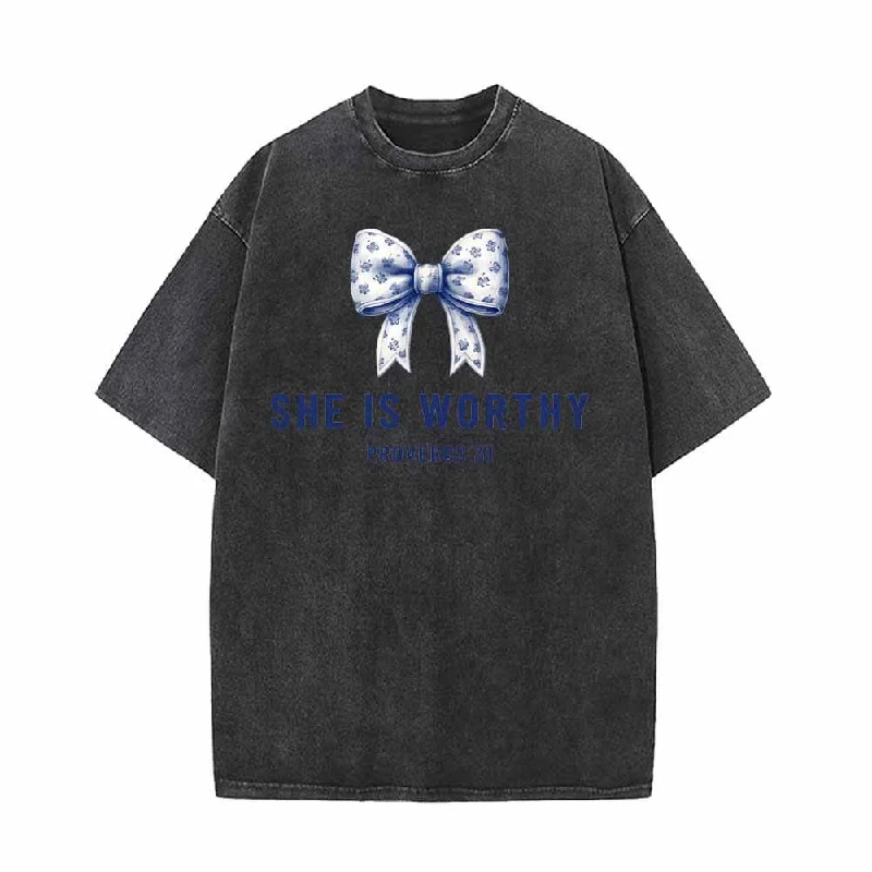 Blue Bow She Is Worthy Vintage Washed T-shirt-- Cashmere Blend Cotton Blend Poly Blend Blue Bow She Is Worthy Vintage Washed T-shirt-- Cashmere Blend Cotton Blend Poly Blend