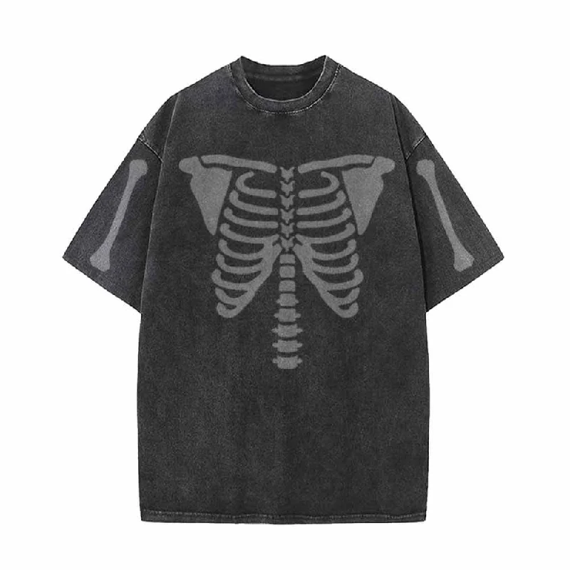 Skeleton Rib Cage Print Vintage Washed T-shirt-- Notch Collar Peter Pan Collar Cowl Neck Skeleton Rib Cage Print Vintage Washed T-shirt-- Notch Collar Peter Pan Collar Cowl Neck