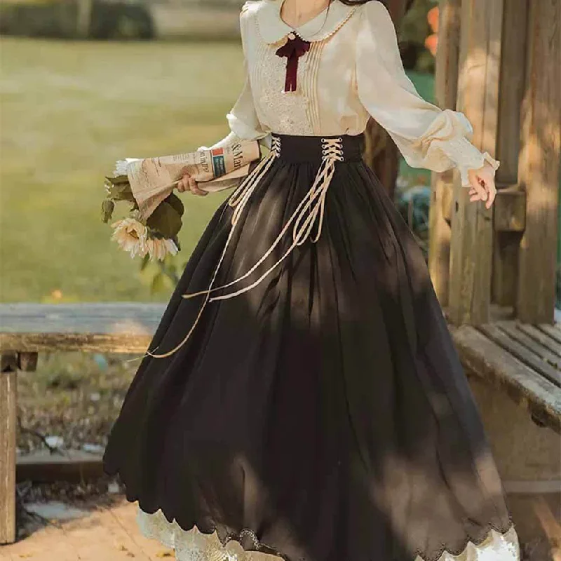 College Style Doll Collar Shirt High Waist Skirt Set-- Mesh Canvas Denim