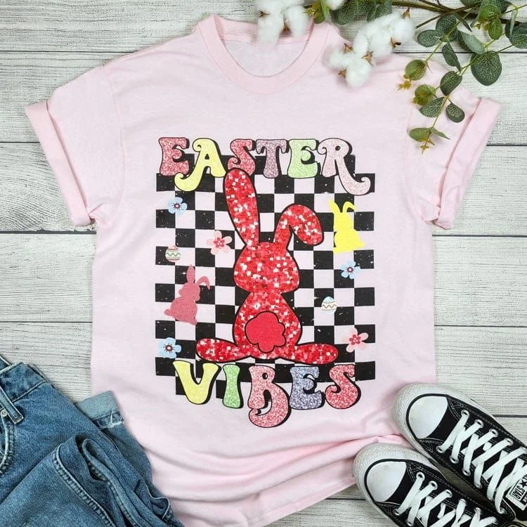 Easter Vibes T-shirt-- Beaded Sequined Faux Fur