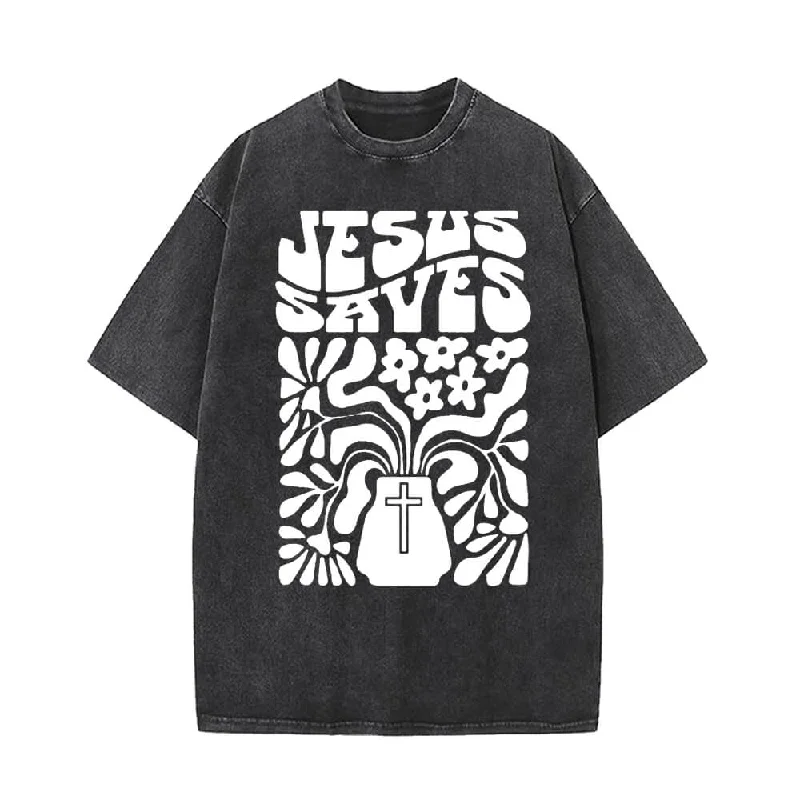Jesus Saves Floral Cross Vintage Washed T-shirt-- Hooded Caped Shawl Collar