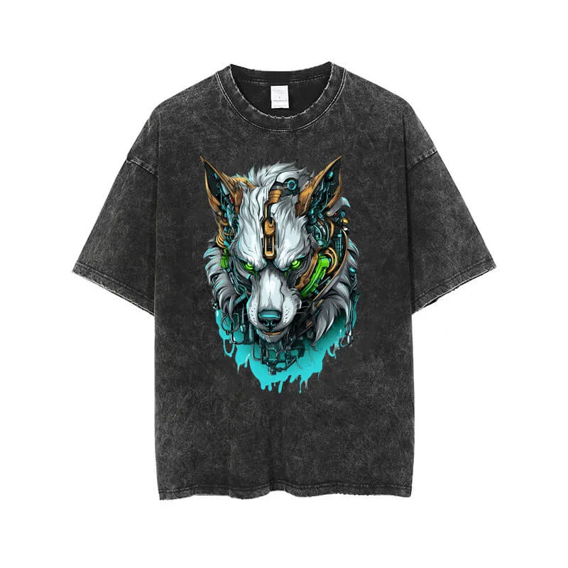 Vintage Washed Mechwarrior Wolf Print T-shirt-- Fashionable Trendy Casual