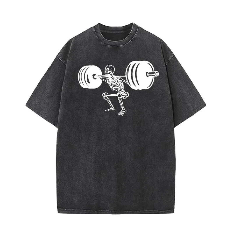 Skeleton Barbell Squat Vintage Washed T-shirt-- Cozy Warm Stylish