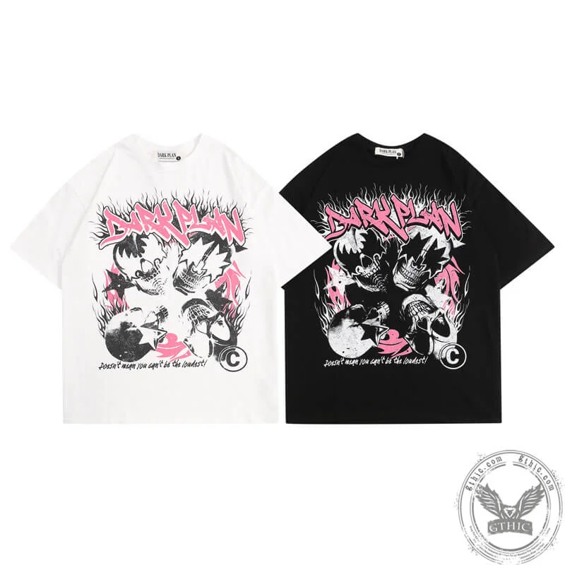 Skulls Graffiti Print Short Sleeve T-Shirt-- Lace Blend Ribbed Blend Corduroy Blend