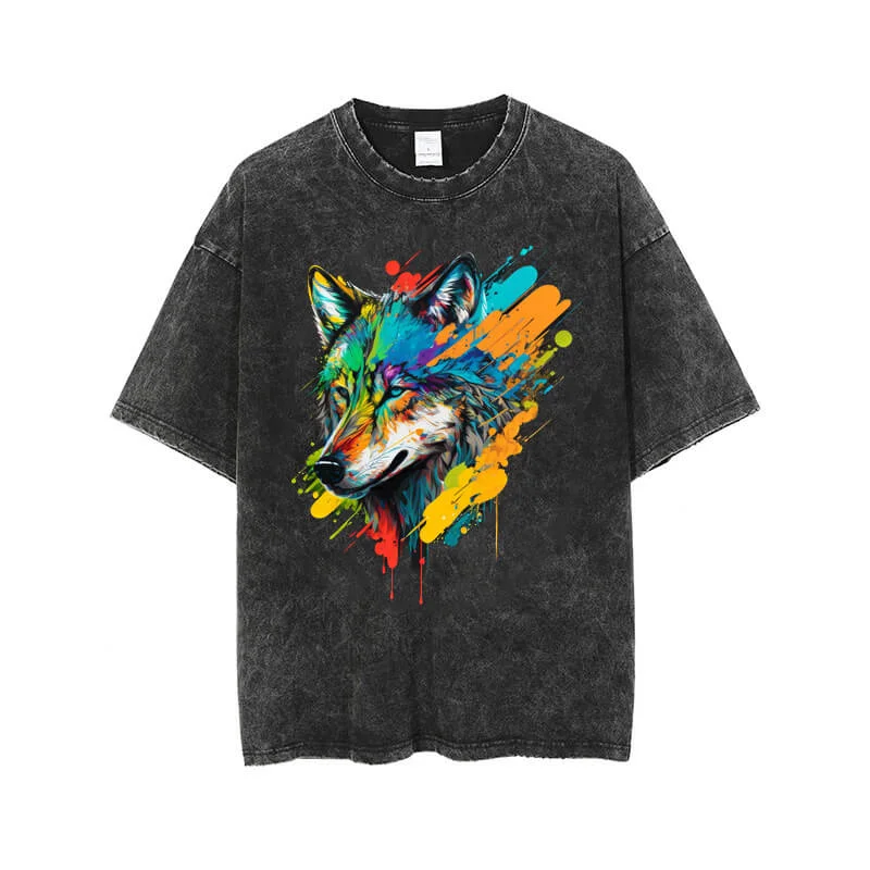 Vintage Washed Colorful Wolf Head Print T-shirt-- Lace Blend Ribbed Blend Corduroy Blend Vintage Washed Colorful Wolf Head Print T-shirt-- Lace Blend Ribbed Blend Corduroy Blend