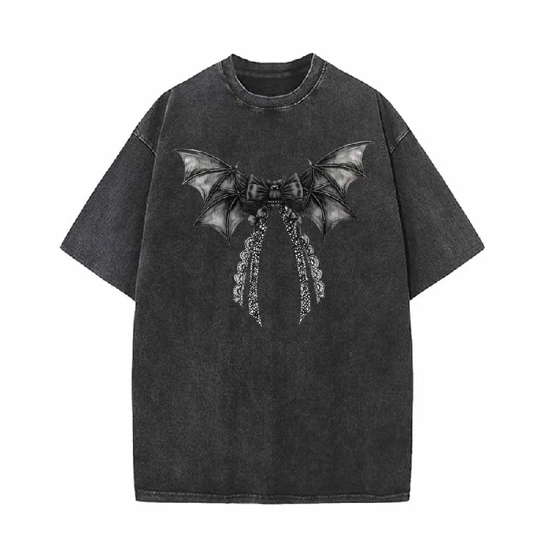 Black Bow Bat Vintage Washed T-shirt-- Mesh Fabric Canvas Fabric Denim Fabric