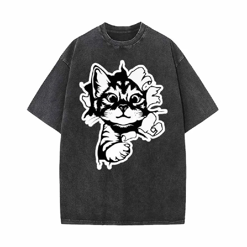 Running Lively Cat On The Wall Vintage Washed T-shirt-- Handmade Hand-knitted Hand-woven Running Lively Cat On The Wall Vintage Washed T-shirt-- Handmade Hand-knitted Hand-woven