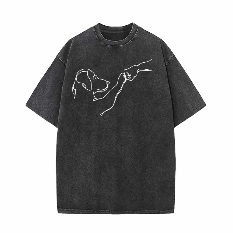 Dog And People Punch Hand Vintage Washed T-shirt-- Silk Blend Satin Velvet
