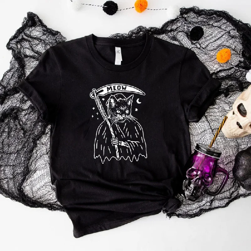 Dark Cat Death Short Sleeve T-shirt-- Collared T-Shirt Boat Neck A-Line