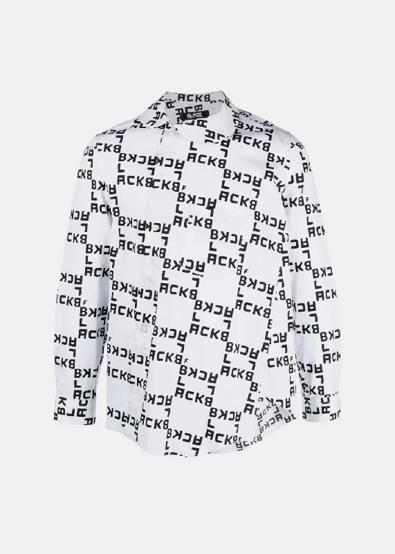 White Logo-Print Cotton Shirt-- Striped Floral Plaid