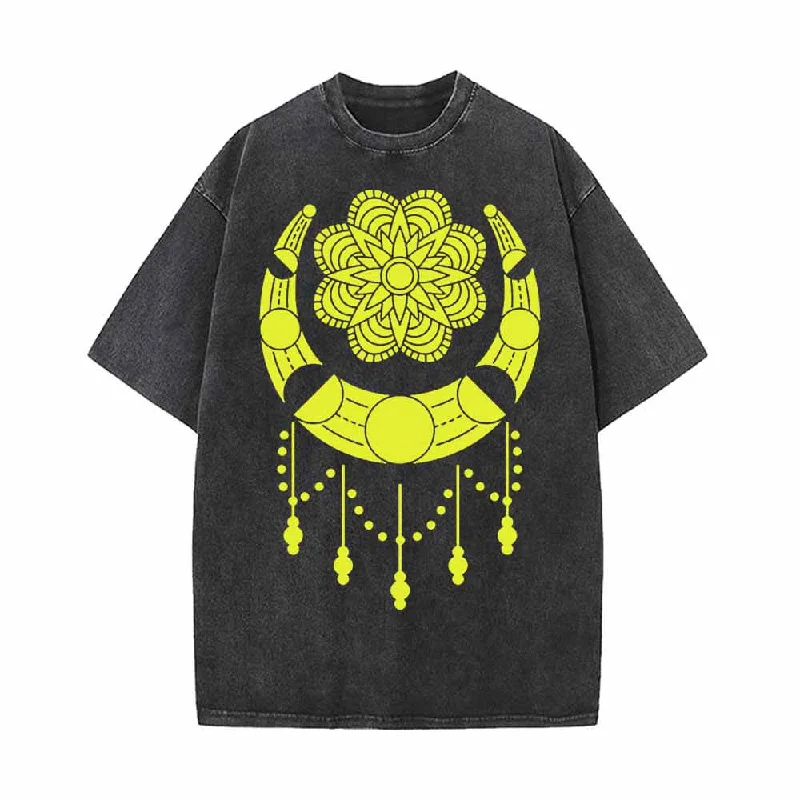 Sunflower And Moon Pattern Vintage Washed T-shirt-- Cashmere Blend Cotton Blend Poly Blend Sunflower And Moon Pattern Vintage Washed T-shirt-- Cashmere Blend Cotton Blend Poly Blend