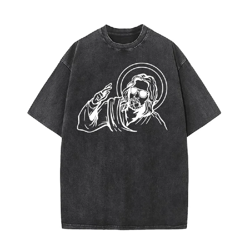 Jesus Wearing Sunglasses Vintage Washed T-shirt-- Houndstooth Herringbone Solid