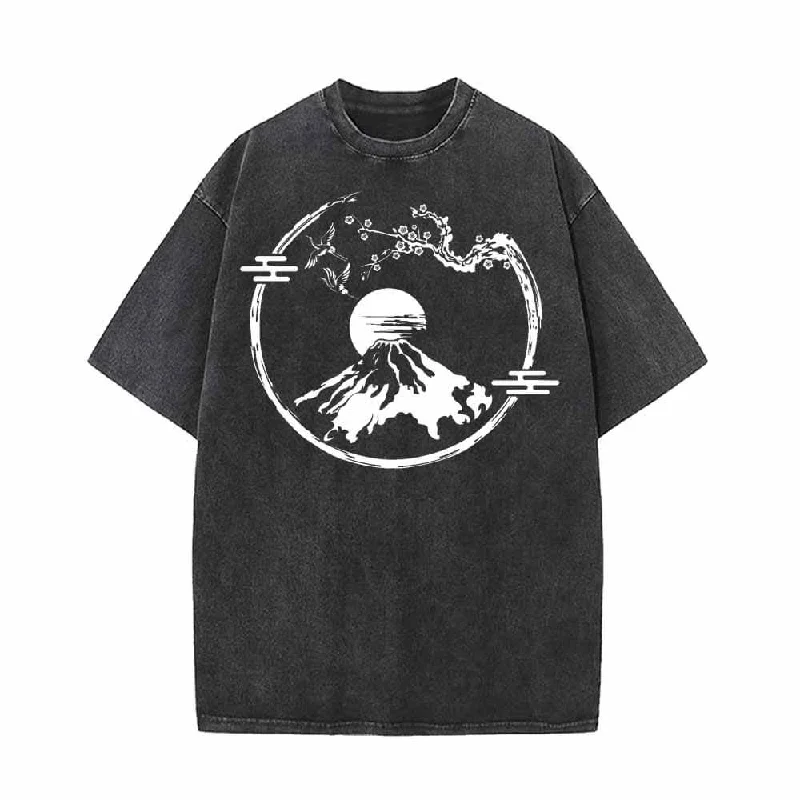 Sakura Branch Mountain Fuji Vintage Washed T-shirt-- Plaid T-Shirt Polka Dot Checkered Sakura Branch Mountain Fuji Vintage Washed T-shirt-- Plaid T-Shirt Polka Dot Checkered