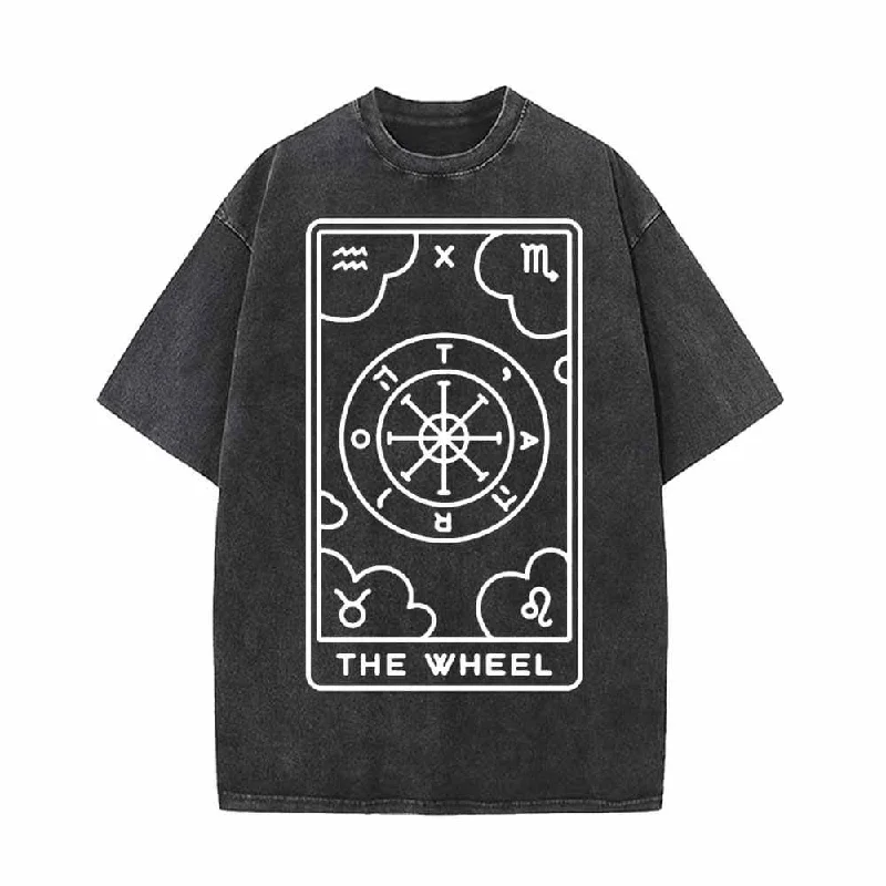 Tarot Card The Wheel Vintage Washed T-shirt-- Boxy Fit Fitted Loose