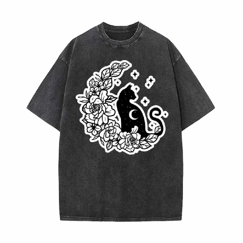 Mystical Cat On The Flower Moon Vintage Washed T-shirt-- Solid Color Striped Floral