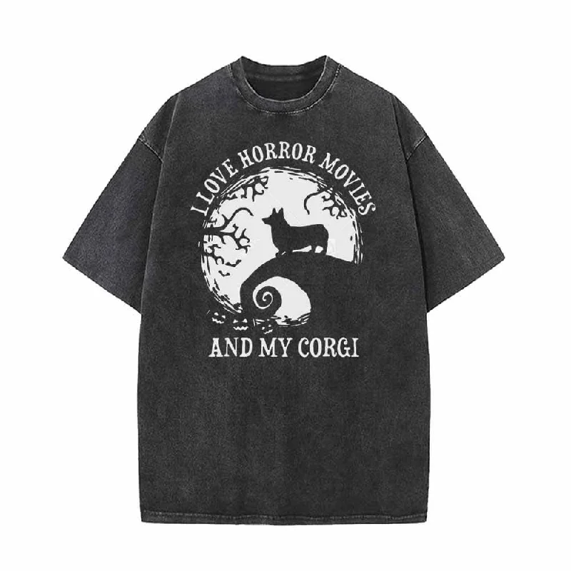 I Love Horror Movies And My Corgi T-shirt-- Polka Dot Checkered Tartan