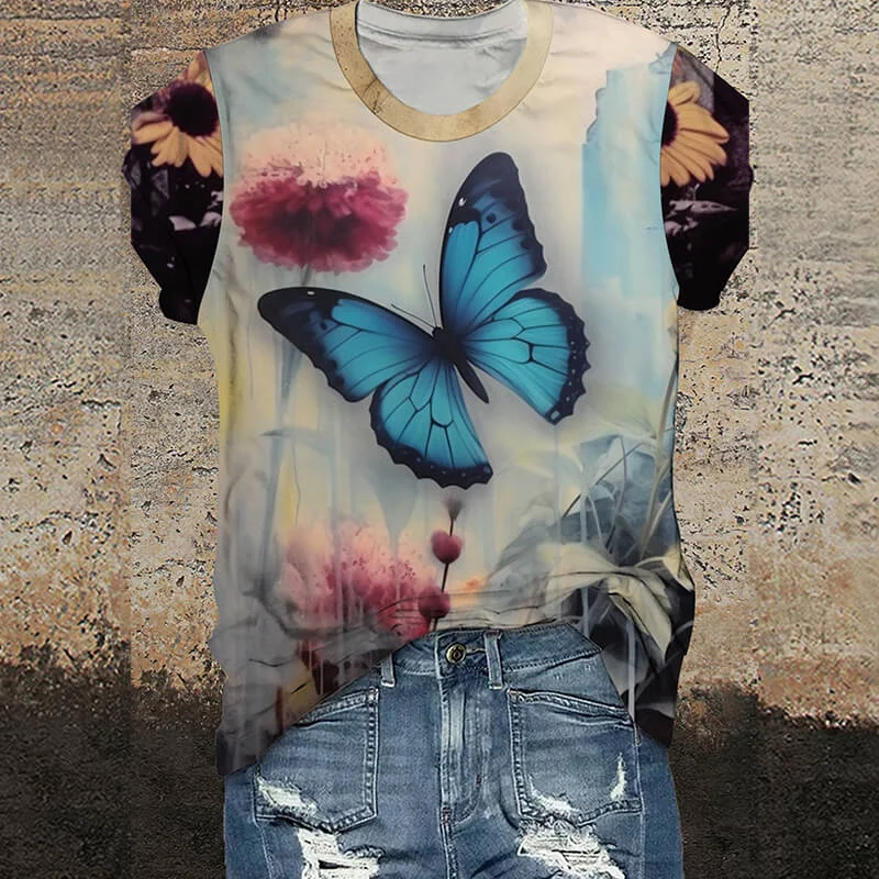 Blue Morpho Butterfly Round Neck Gothic T-Shirt-- Zippered Buttoned Snapped
