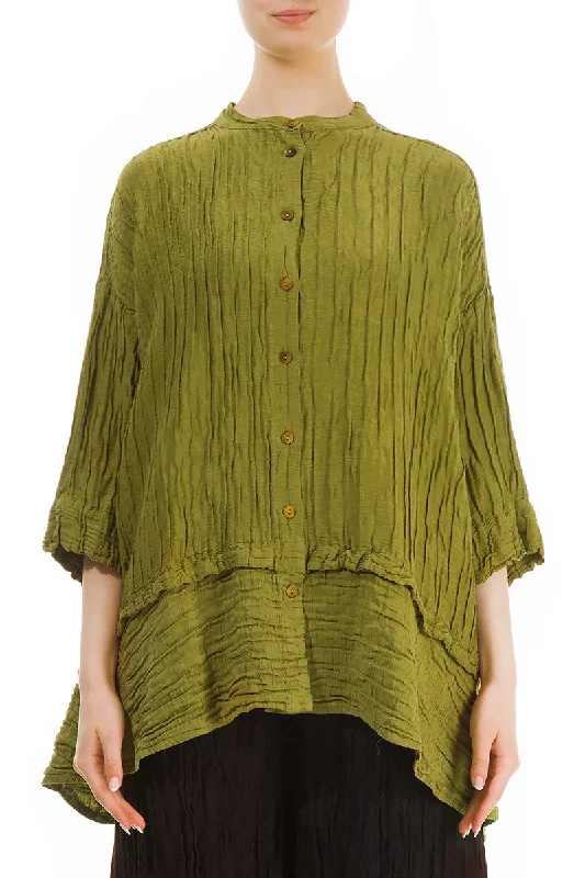 Flared Crinkled Golden Lime Silk Shirt-- Solid Print Embellished
