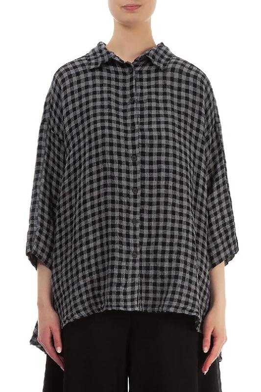 Loose Grey Check Linen Shirt-- Collared T-Shirt Boat Neck A-Line