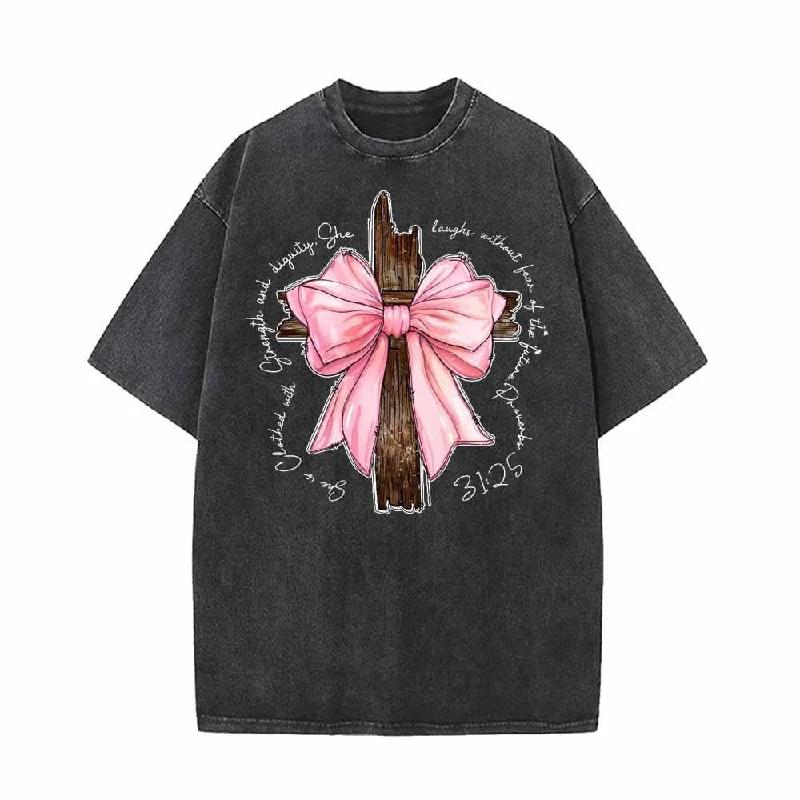 Cross With Bow Vintage Washed T-shirt-- Polka Dot Checkered Tartan
