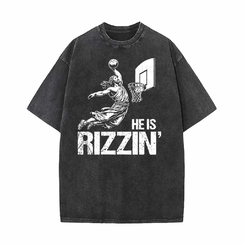 He Is Rizzin Jesus Playing Basketball Vintage Washed T-shirt-- Hooded Caped Shawl Collar