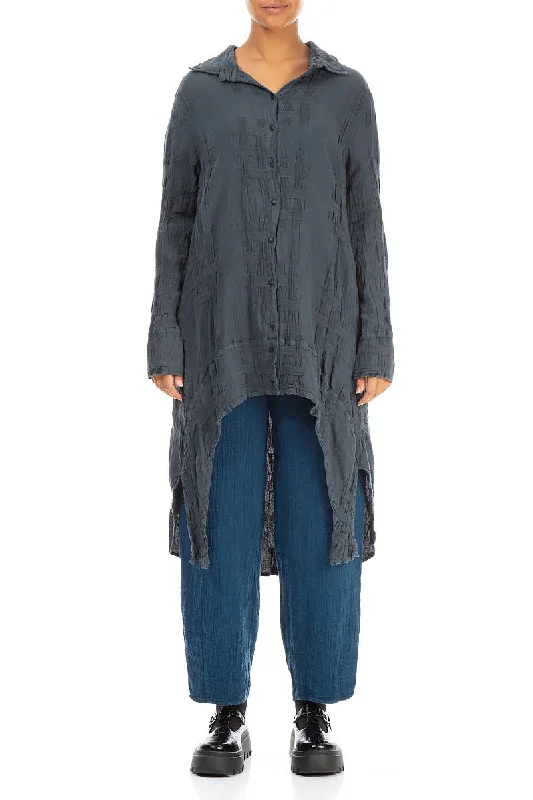 Longer Back Woven Texture Grey Linen Shirt-- Beaded Sequined Faux Fur