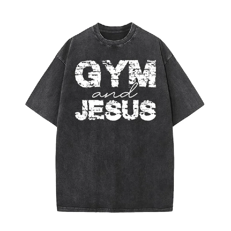 Gym And Jesus Letters Vintage Washed T-shirt-- Fleece Nylon Spandex