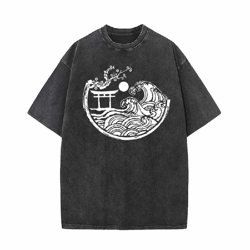 Torii Gateway Print Vintage Washed T-shirt-- Zippered Buttoned Snapped