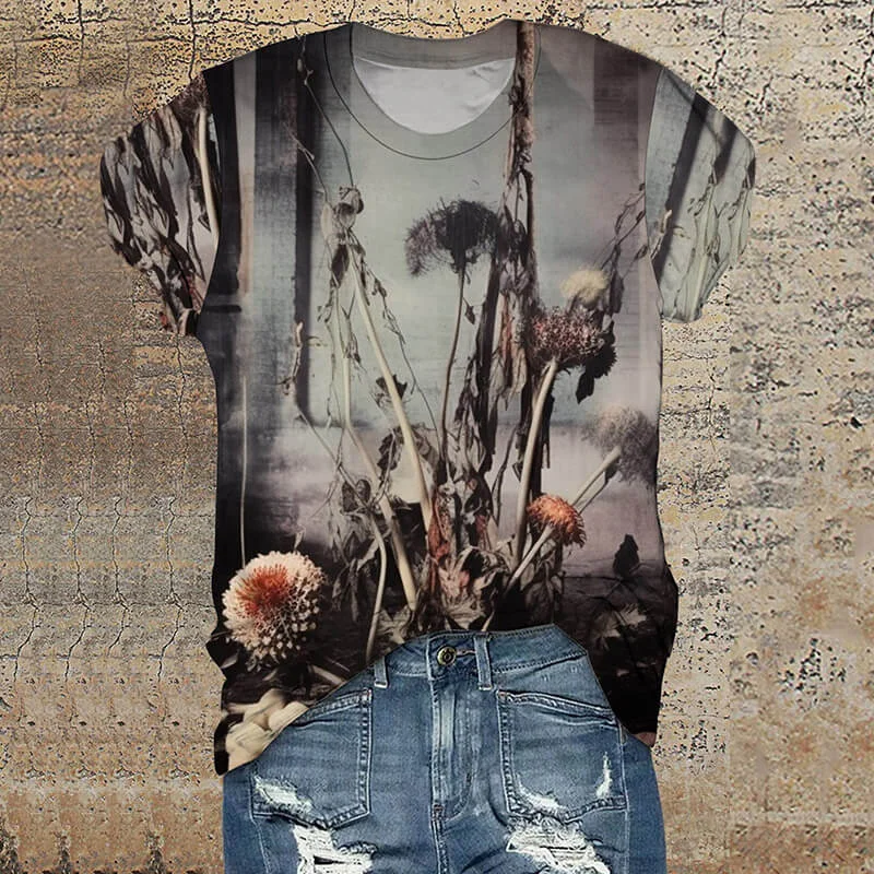 Gothic Flower Ruins Round Neck Short Sleeve T-Shirt-- Chenille Brocade Lace