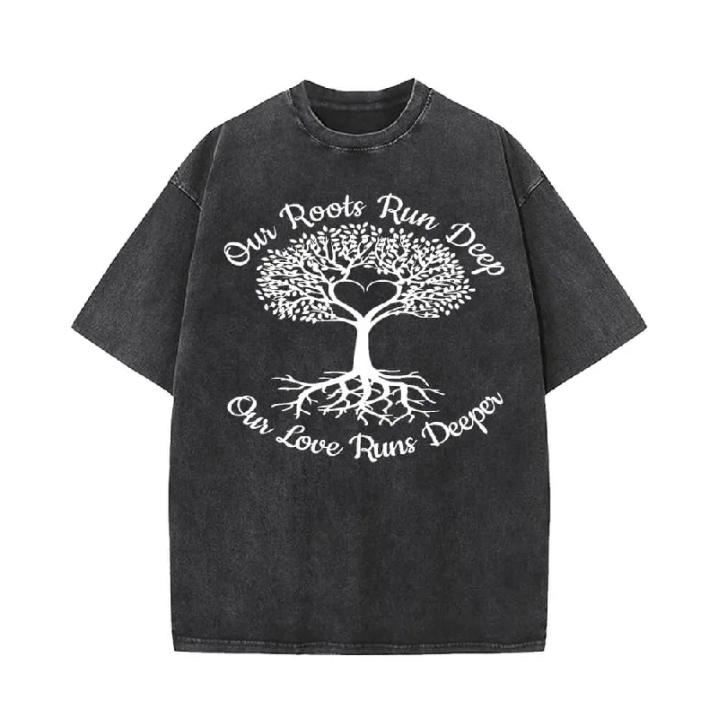 Family Tree Vintage Washed T-shirt-- Collared Crew Neck Turtle Neck