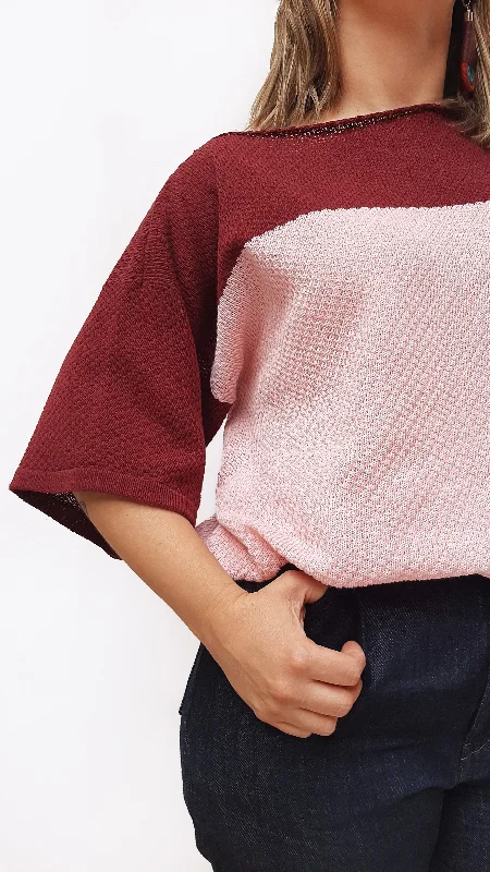 Block Woven T-shirt - Pink and Burgundy-- Mesh Fabric Canvas Fabric Denim Fabric
