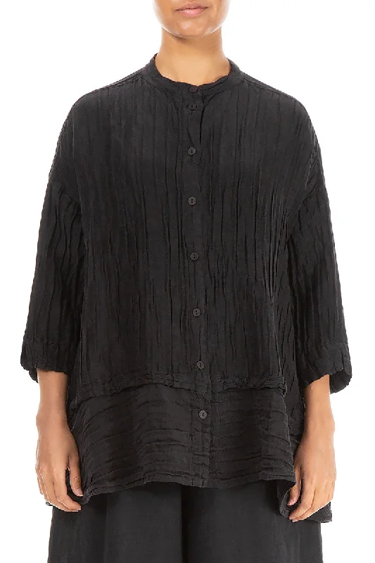 Flared Crinkled Black Silk Shirt-- Hooded Caped Shawl Collar