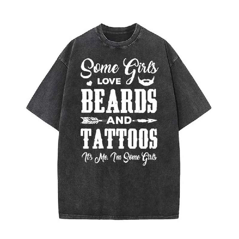 Beards And Tattoos Vintage Washed T-shirt-- Jersey Fabric Tulle Fabric Batik Fabric