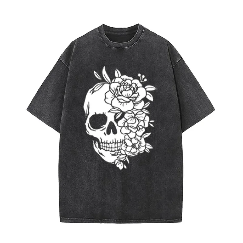 Flower Half Face Skull Vintage Washed T-shirt-- Solid Color Striped Floral