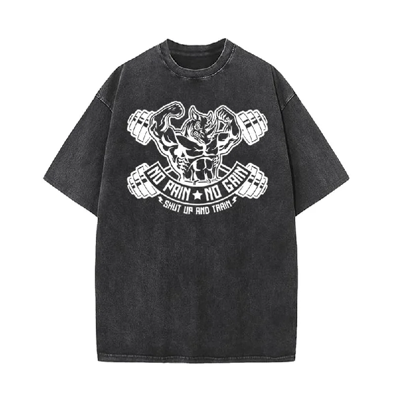 No Pain No Gain Rhino Vintage Washed T-shirt-- Seamless Knitted Crochet