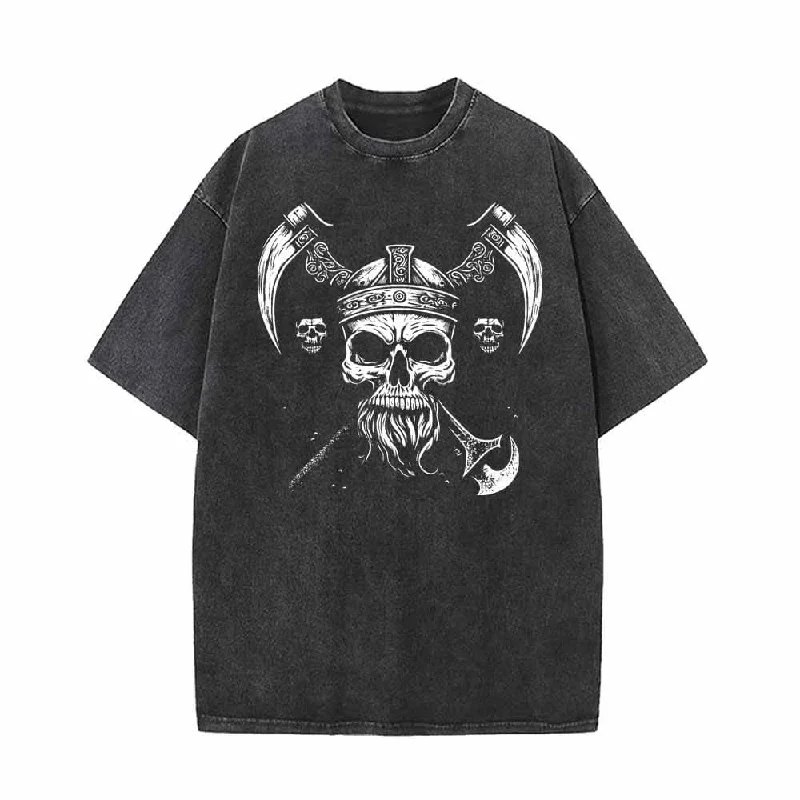 Viking Double Axe Skull Vintage Washed T-shirt-- Iron Safe Non-Iron Wrinkle Free