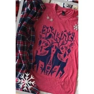 Women's Dazzling deer V-neck T-shirt-- Fleece Fabric Down Fabric Feather Fabric