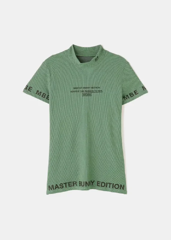 Khaki Ecopet Honeycomb Mock Neck T-Shirt-- Asymmetrical Pockets Print