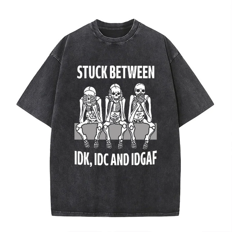 IDK IDC IDGAF Funny Skeleton Vintage Washed T-shirt-- Polka Dot Checkered Tartan
