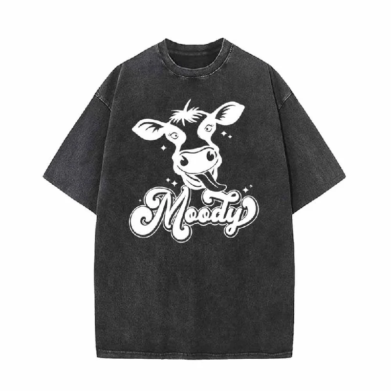 Moody Cow Head Vintage Washed T-shirt-- Wool Fabric Cashmere Fabric Tweed Fabric