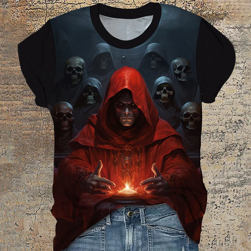 Pilgrims Gothic Skull Round Neck T-Shirt-- Fitted T-Shirt Seamless Stretchy