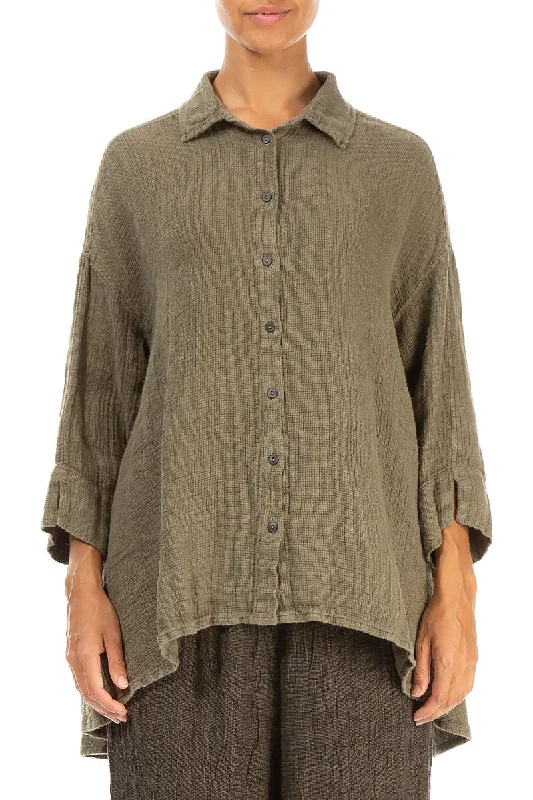 Loose Silver Sage Textured Linen Shirt-- Striped Floral Plaid