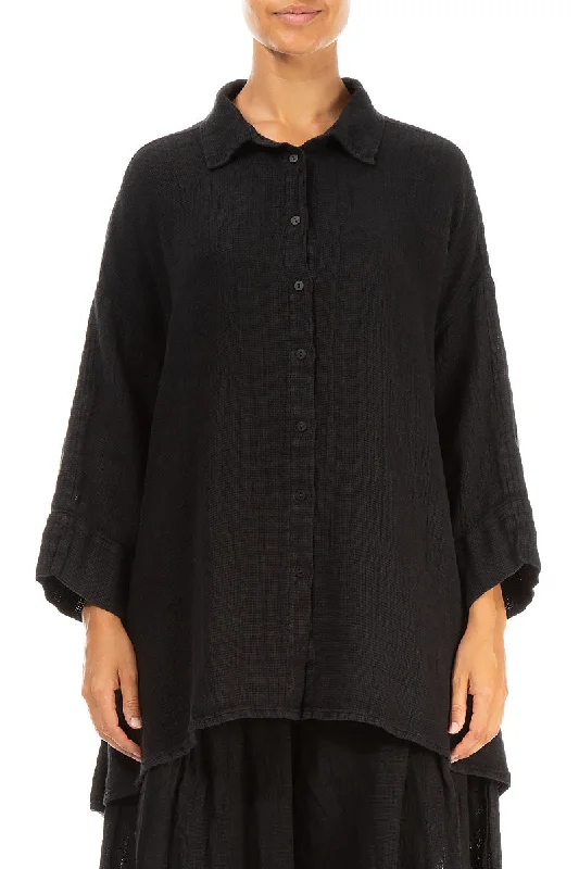 Loose Black Textured Linen Shirt-- V-Neck T-Shirt Long Sleeve Cotton