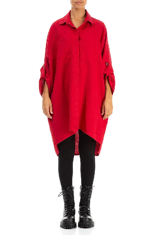 Wide Loose Red Linen Shirt-- Mesh Blend Leather Blend Suede Blend