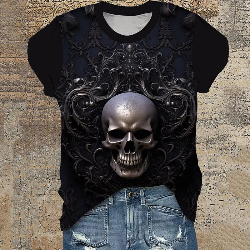 Gothic Pattern Skull Round Neck Short Sleeve T-Shirt-- Spandex Blend Rayon Blend Denim Blend Gothic Pattern Skull Round Neck Short Sleeve T-Shirt-- Spandex Blend Rayon Blend Denim Blend