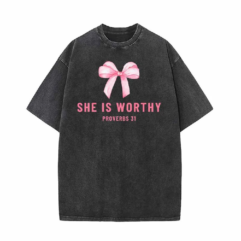Pink Bow She is Worthy Vintage Washed T-shirt-- Anti-Pilling Machine Wash Handmade