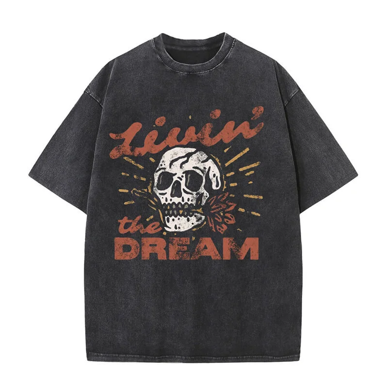 Living the Dream Skull Short Sleeve T-shirt-- Hooded Caped Shawl Collar