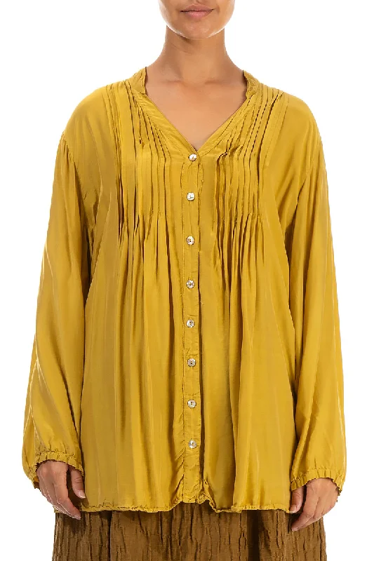 Tucks Front Yellow Silk Bamboo Shirt-- Jersey Fabric Tulle Fabric Batik Fabric