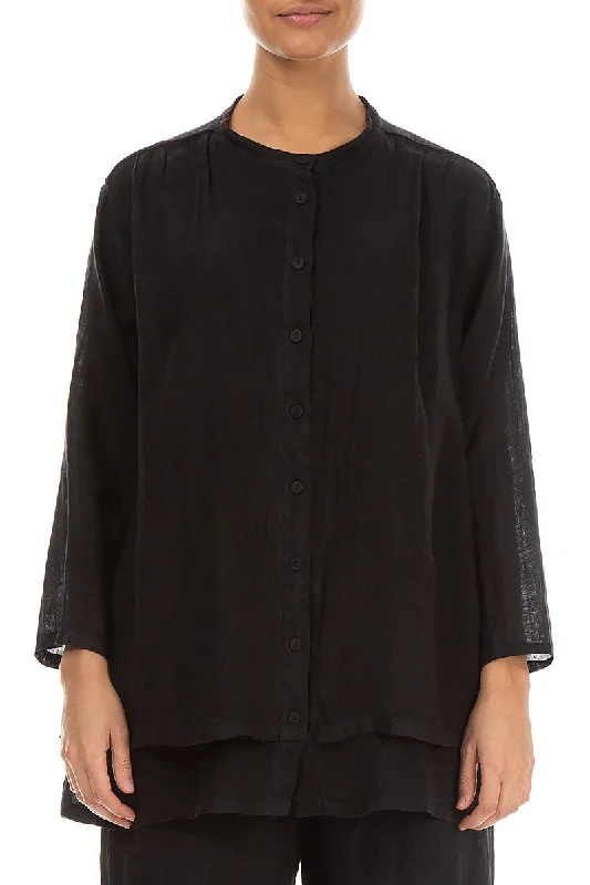 Layered Black Gauze Linen Shirt-- Casual Formal Business