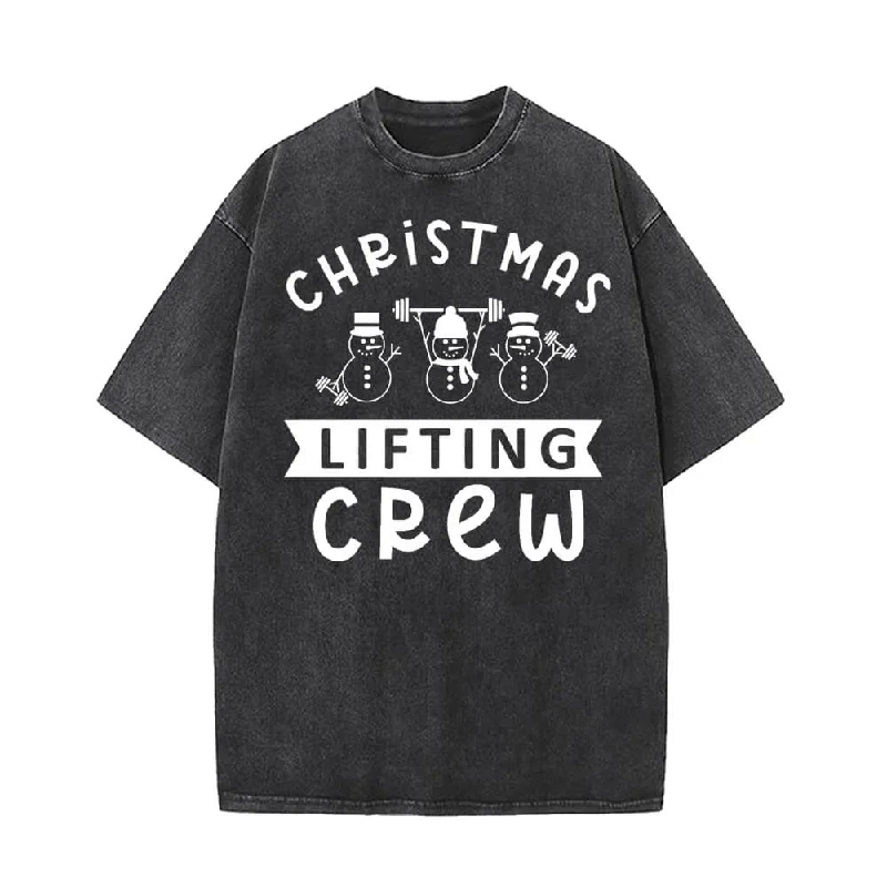 Christmas Lifting Crew Snowman Vintage Washed T-shirt-- Denim Fabric Leather Fabric Suede Fabric